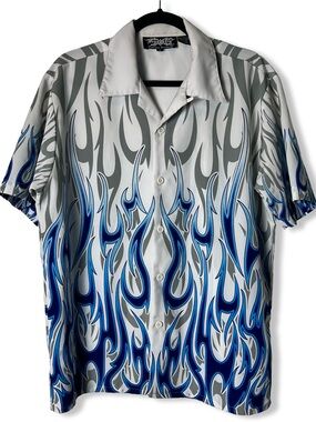 Dragonfly Clothing Co Y2K White Blue Tribal Flame Button Up Shirt Sz S